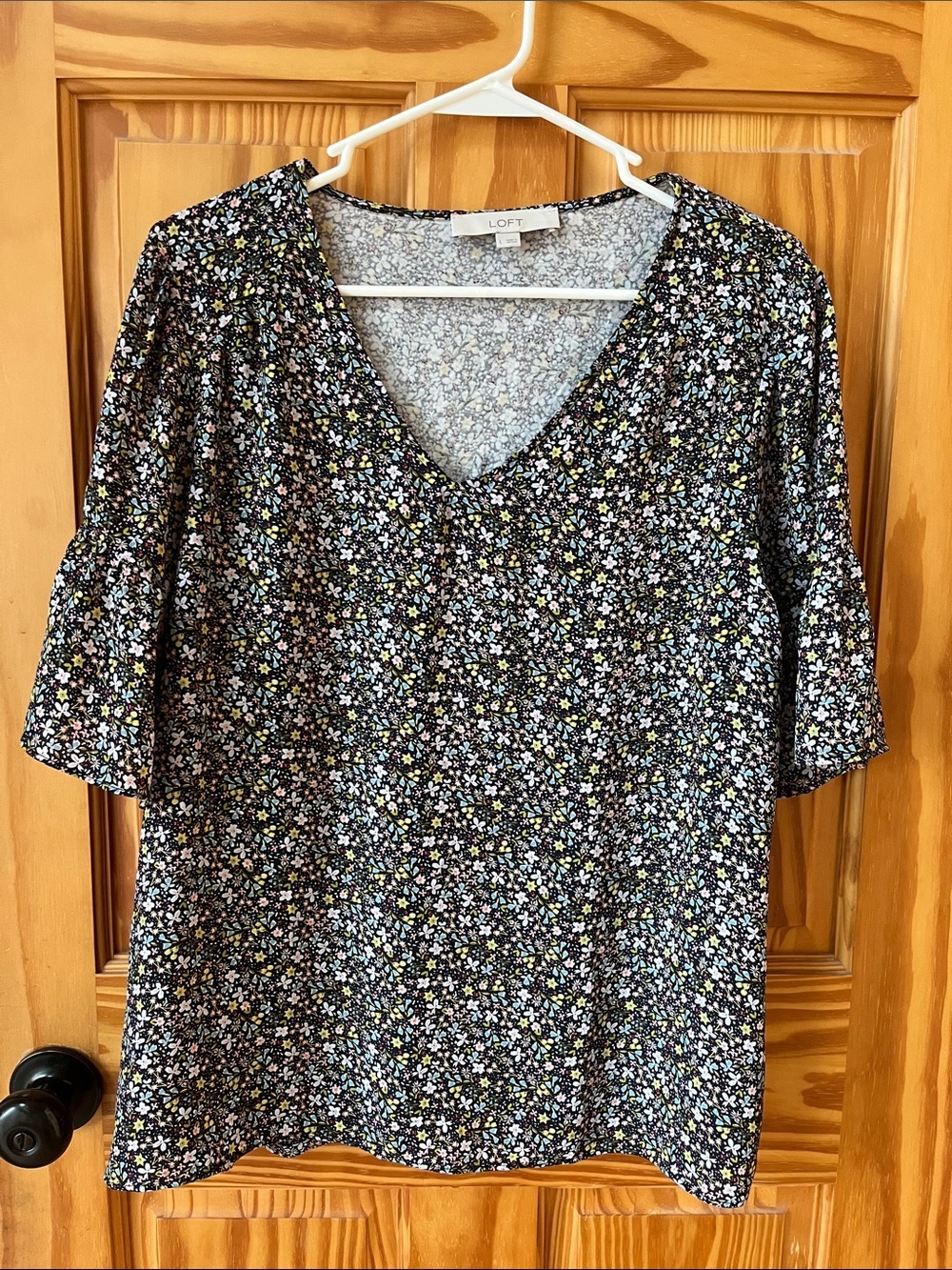 LOFT Black Floral V-Neck Blouse with Multicolor Ditsy Print -Size Large